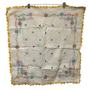 Vintage Embroidered Crochet Trim Colorful Floral Design Large Doily
